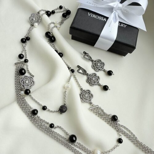 Комплект из черного агата и жемчуга "Sharlotte"