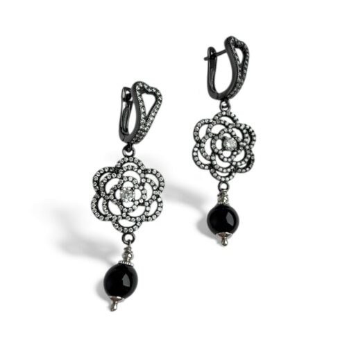 Серьги с черным агатом и цветами "Sharlotte"