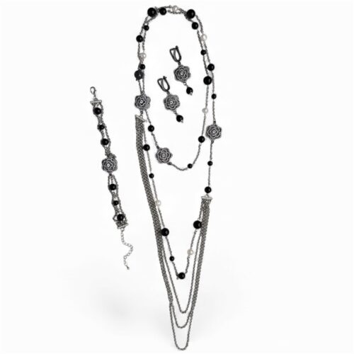 Комплект из черного агата и жемчуга "Sharlotte"