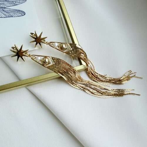 Удлиненные серьги-звезды с жемчугом